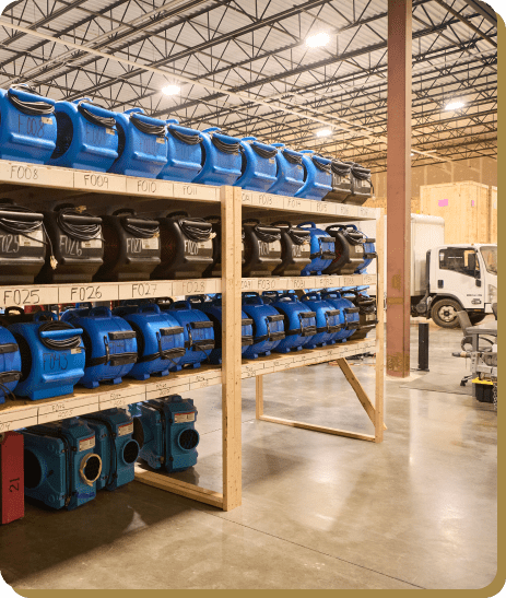 Warehouse storage area with restoration equipment and a company truck